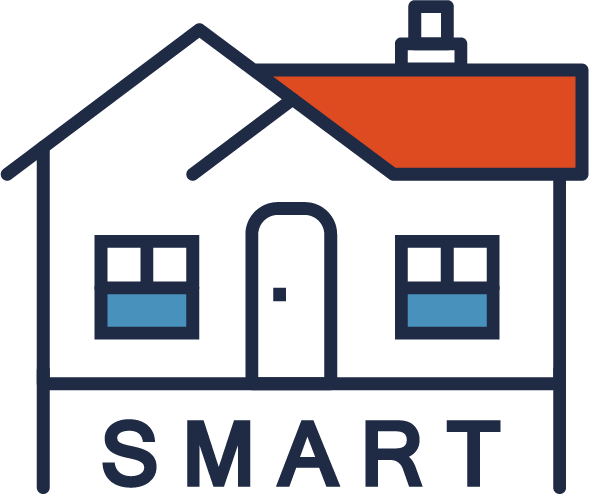 Icon depicts a house with the word “smart” underneath it to represent a home with smart devices inside